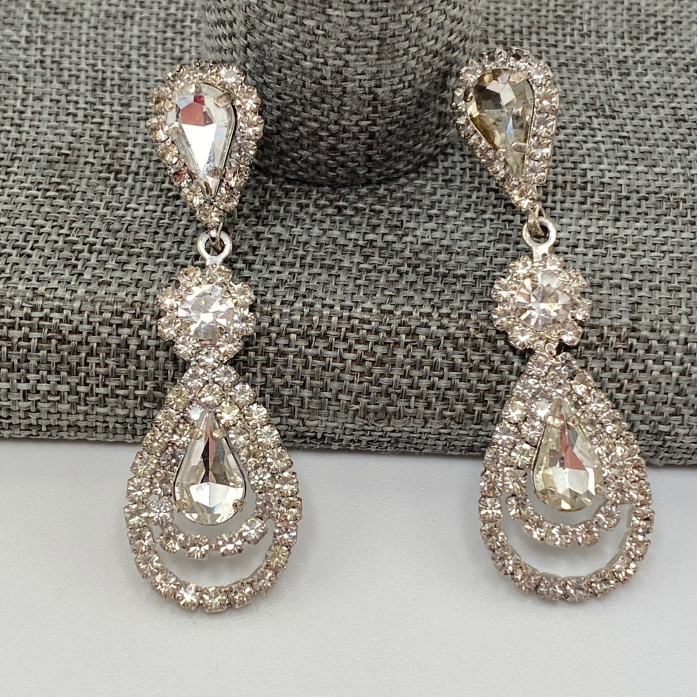 Vintage Dangle Drop Earrings Silver Tone Rhinestone Art Deco Style Clear 2"